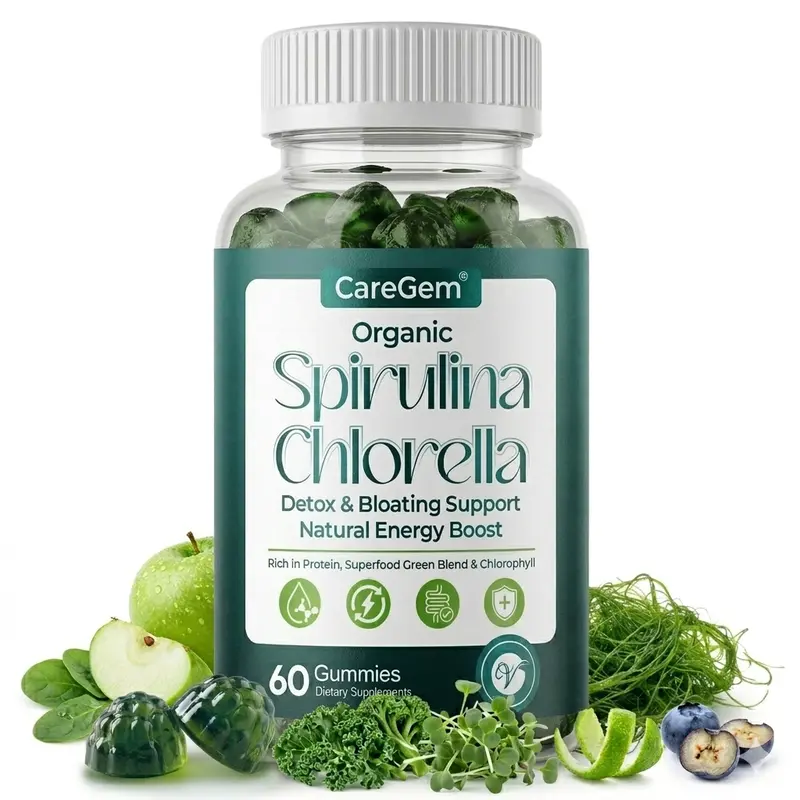 CareGem 38-in-1 Super Greens Dietary Daily Supplement Gummies - Sea Moss, Spirulina, Chlorella, Chlorophyll, 100% DV Vitamins A/B12, Iron, Magnesium - Energy Support, Vegan, Green Flavor, 60 Cts