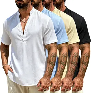 Men’s Linen-Look Henley Top, Short Sleeve Button Neck Resort Shirt, Casual Summer Wear
