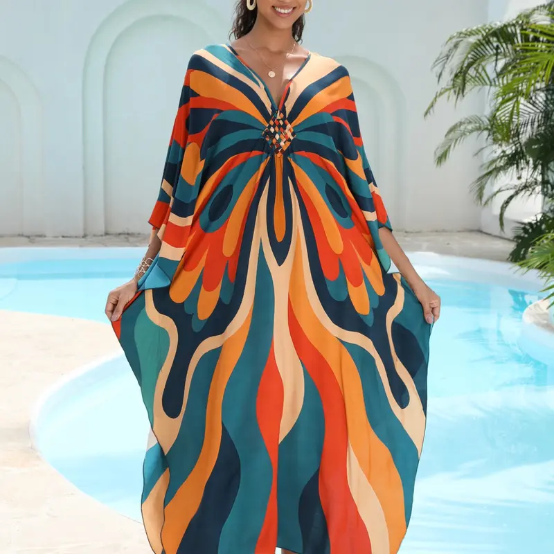 Women's Boho Kaftan Beach Cover-Up, Handwoven Peacock Print, Loose-Fit Sun Protection Bikini Outerwear, Swimsuit Coverups, All-Seasons Fashion, Swimsuits Cover Ups, Cover Up Beachwear