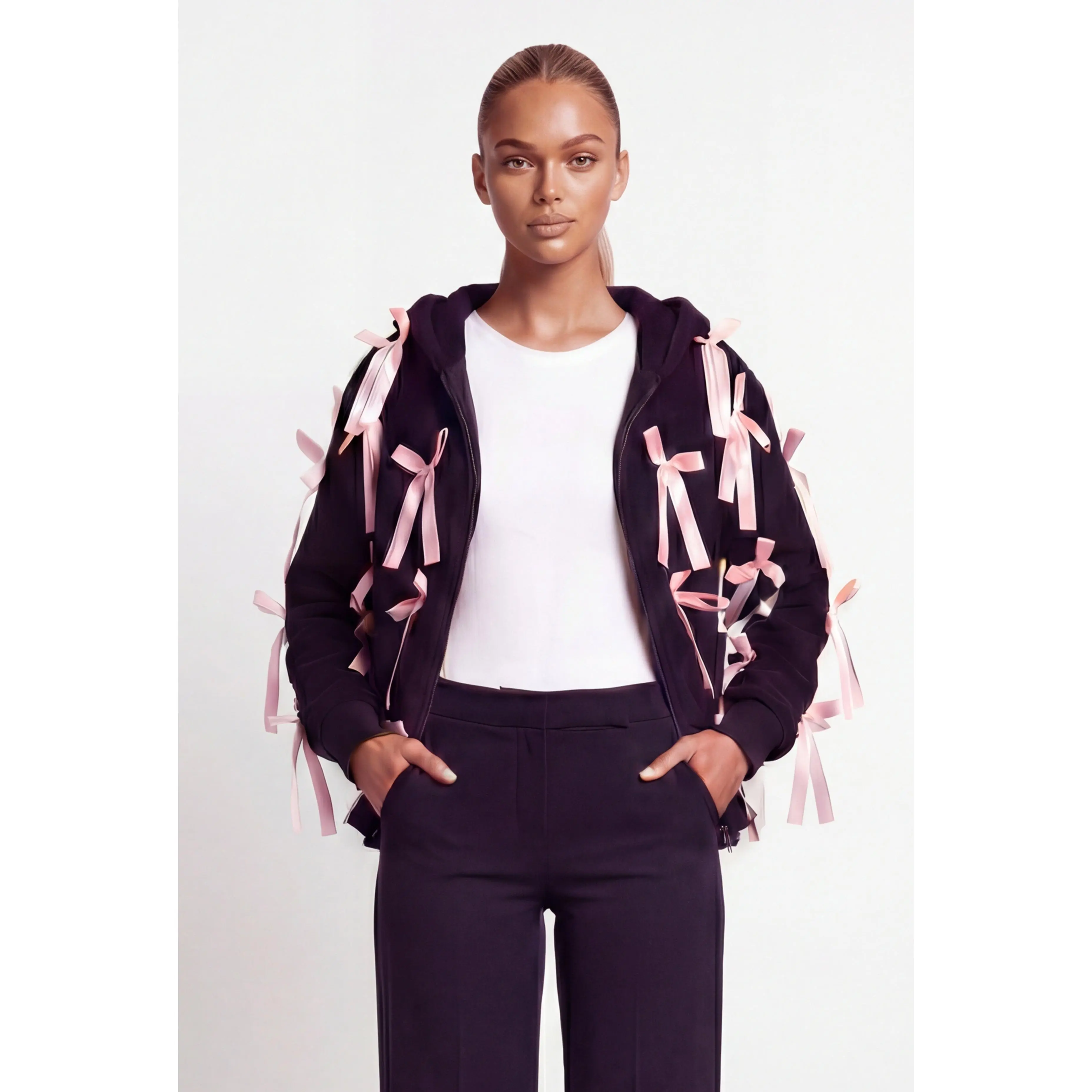 Bow Studded Hooded Teddy Jacket