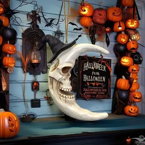 Halloween Skull Wizard Hat & Moon Resin Hanging Set, Horror Party Decor, Haunted House Escape Room, Theme Cafe Decoration, Tiktok Video Props
