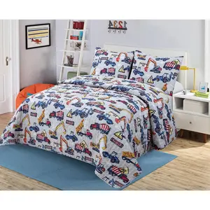 Construction Vehicles Kids Bedding Set Blue and White Pattern with Trucks and Excavators Full/Queen New