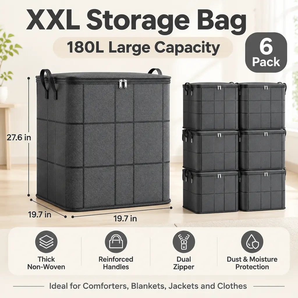 6-Pack XXL 180L Upgrade Foldable Grid Storage Bags, Heavy-Duty Thick Non-Woven Fabric, Reinforced Stitched Handles & Dual Zippers, Dustproof Moistureproof Organizer Bins for Quilts, Blankets, Seasonal Clothes, Closet Bedroom & Moving, Ideal Household Gift