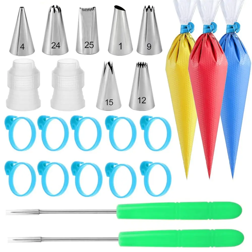 Tipless Piping Bags Kit Disposable Pastry Piping Bags with 7 Frosting Tips, 10 Icing Bags Ties, 2 Scriber Needle for Cake Cupcakes Shells Stars Roses DIY Baking Supplies