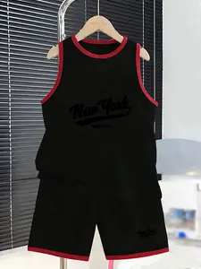Brooklyn Boys' Sleeveless Set, American Retro Design, Perfect for School, Campus Activities, Shopping, Vintage Washed Print, Trendy Retro Style