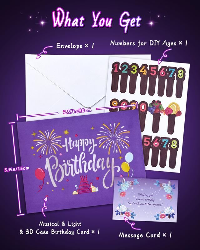 Happy Birthday Gift Card with DIY Number 1-99, Purple Birthday Card for Women with 3D Birthday Cake, Firework, Music, Envelope, Pop Up Greeting Card