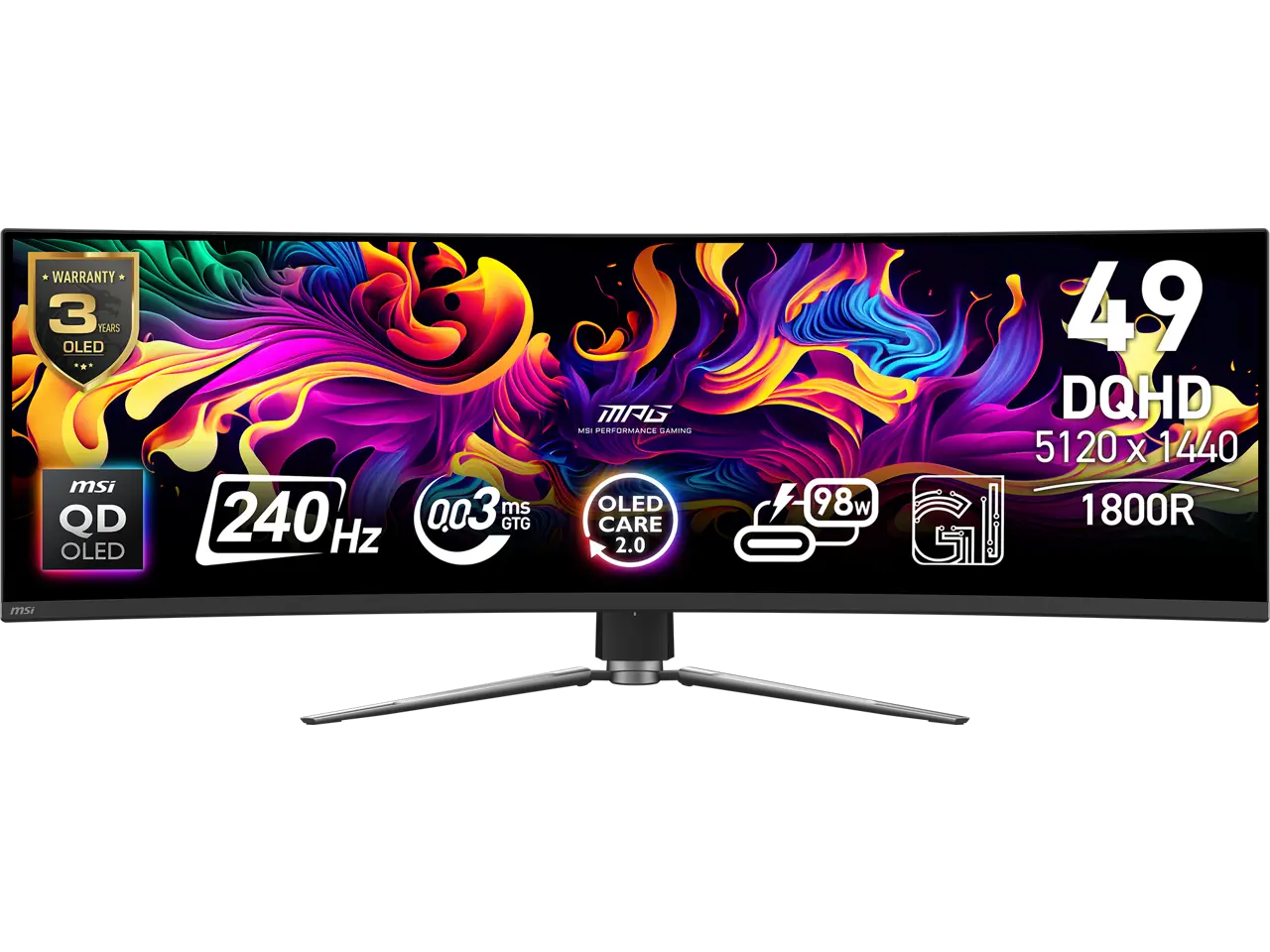 MSI 49'' DQHD 2K 1440P 240Hz with Adaptive Sync 0.03ms HDR400 USB-C 1800R Curved OLED Gaming Computer Monitor with Height Adjustable, Swivel & Tilt stand MPG491CQPX QD-OLED
