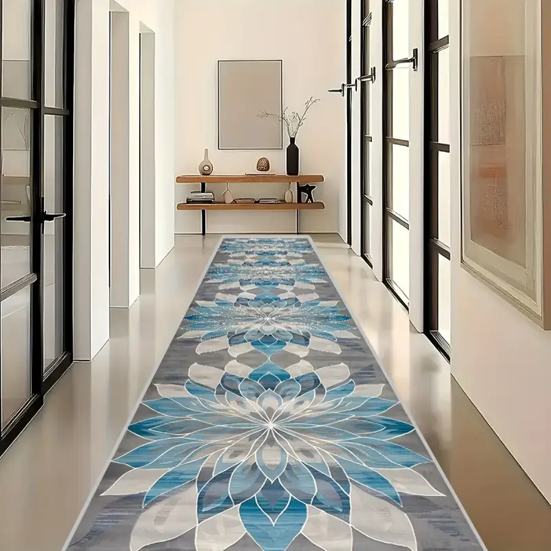 Velvet Runner Rug, Blue Grey Mandala Floral Hallway Carpet, Non Slip Washable Long Entryway Floor Mat for Bedroom Kitchen Indoor Decor