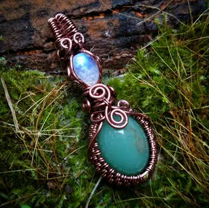 "Venus" - Wire Wrapped Moonstone and Green Aventurine Pendant Necklace
