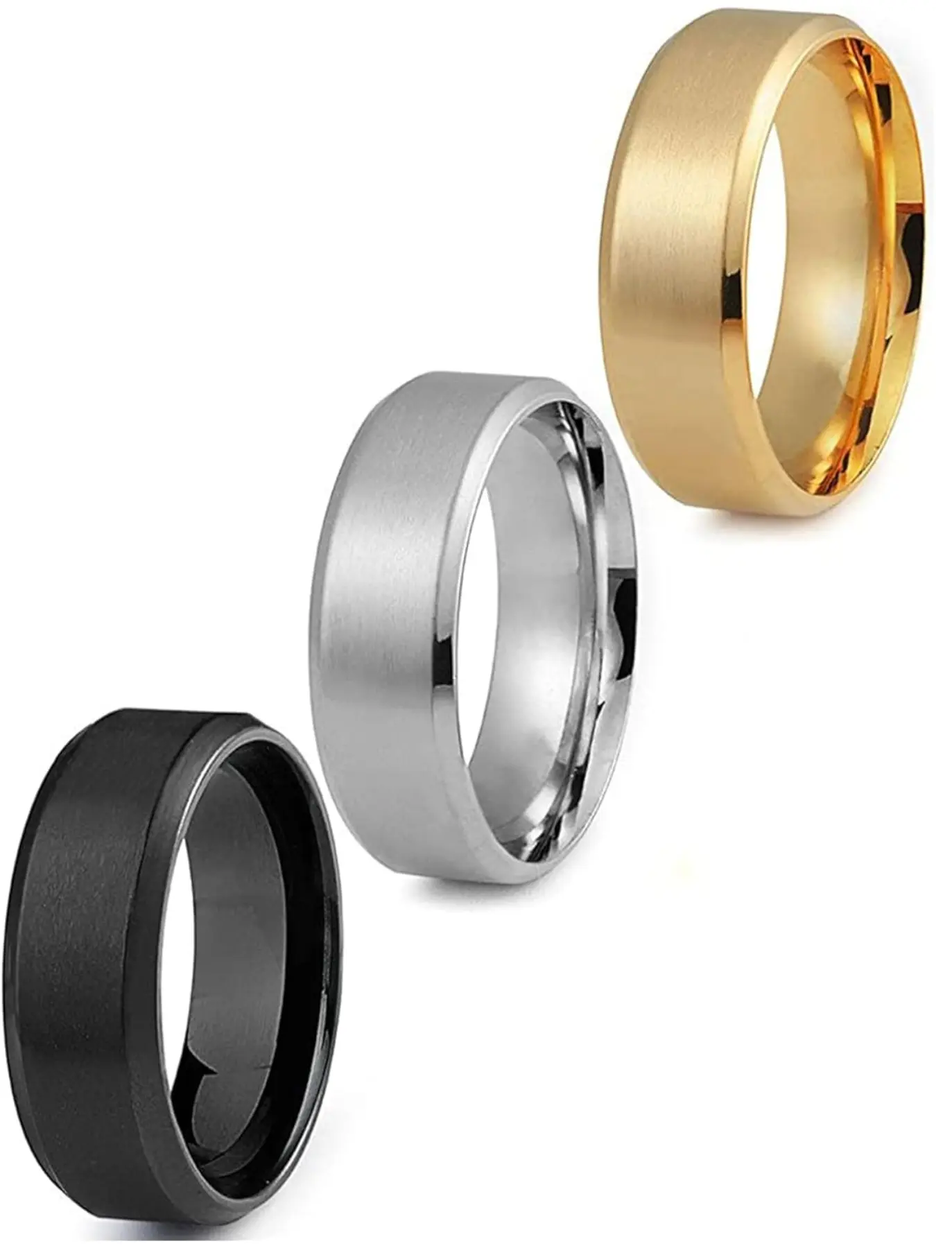 Stainless Steel Rings for Men Wedding Ring Cool Simple Band 8MM Width 3 Pcs A Set Stackable Rings Stacking Rings Wedding Bands, Metal Rings