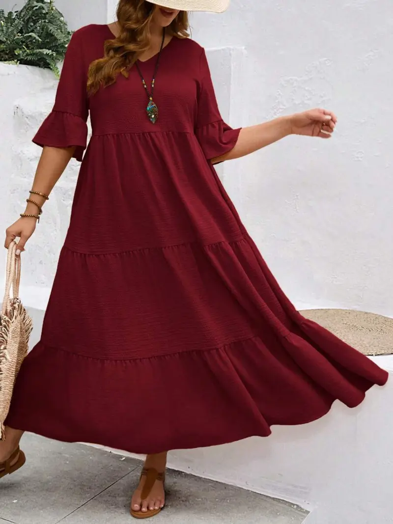 Ruffle long sleeve dress brown plus - TikTok Shop