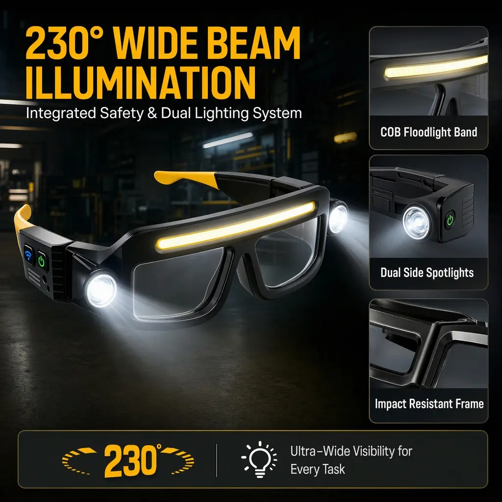 Rechargeable LED Headlamp Glasses, Hand-Wave Sense, Type-C USB Charging, 5-Mode COB Lights, Dual Side Spotlights, IPX4 Water Resistant, Lightweight Motorcycle Accessories for Camping, Automotive Tasks, Night Running, Cycling, Repair, Outdoor