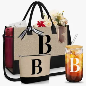 Personalized Letter Initial Tote Bundle - 6pcs Set with Bonus Glass Cup, Straw, and Bag Scarf