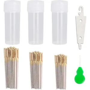 90pcs Cross Stitch Needles with 2 Needle Threader Golden Color Large Eyes DIY Embroidery Hand Sewing Needles in Transparent Box Sizes 22# 24# 26#