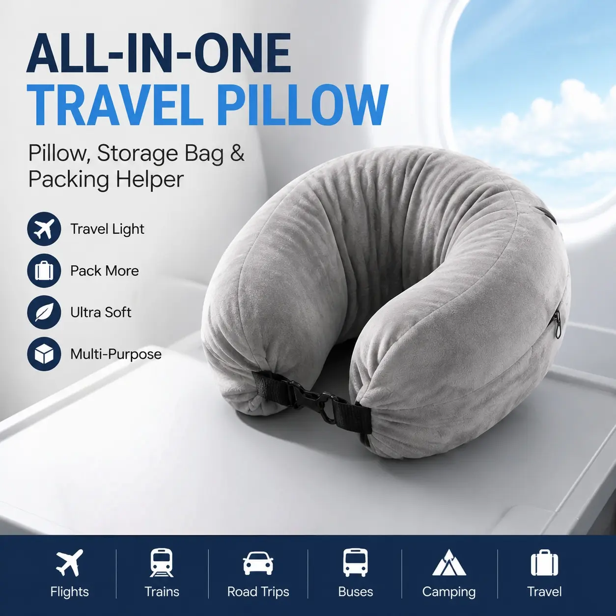 【Back to School】U-Shaped Fillable Travel Pillow, 1 Count Portable Pillow for Long Flights, Travel Essential for Women and Men-MM1, Travel Stuff, Airplane Travel Accessories
