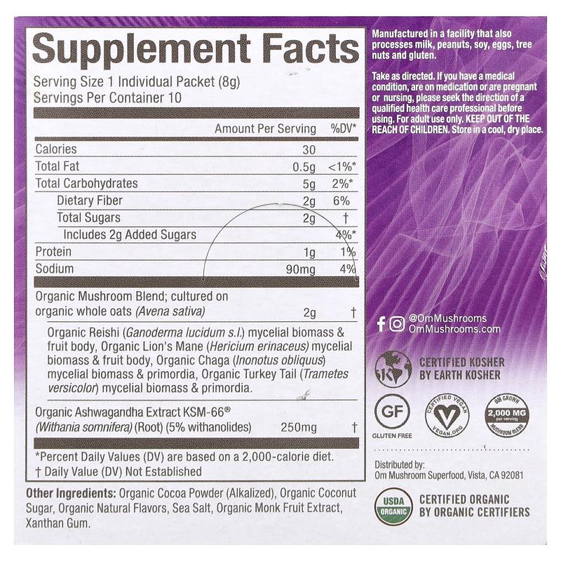 Om Mushrooms Superfood Mushroom Blend, Hot Chocolate , 10 Packets, 0.28 oz (8 g) Each