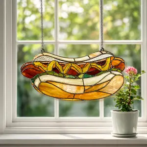 Hot Dog Stained Glass Suncatcher, Funny Food Window Hanging Decor, Fast Food Glass Art, Kitchen Decor Gift, Unique Food Lover Gift