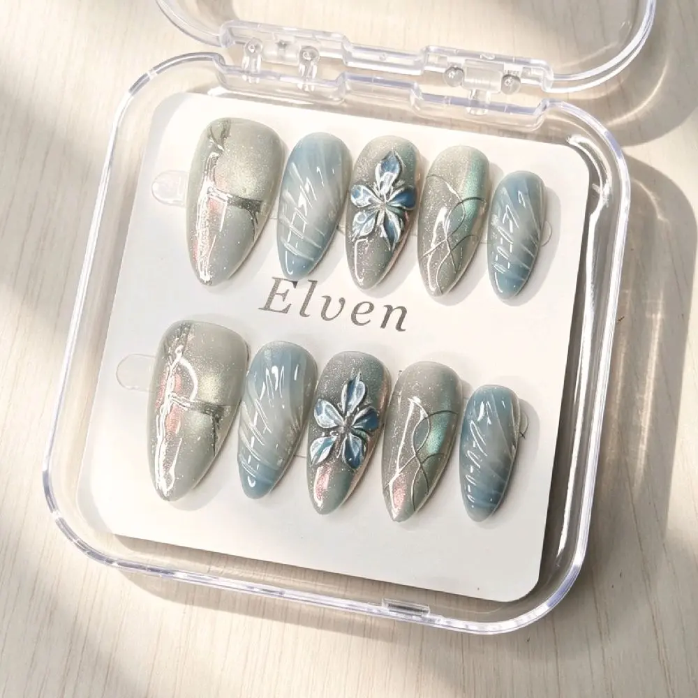 Handmade Blue Cat Eye Press On Nails - 3D Flower & Water Ripple Design, Medium Almond Reusable Fake Nails, Salon Quality