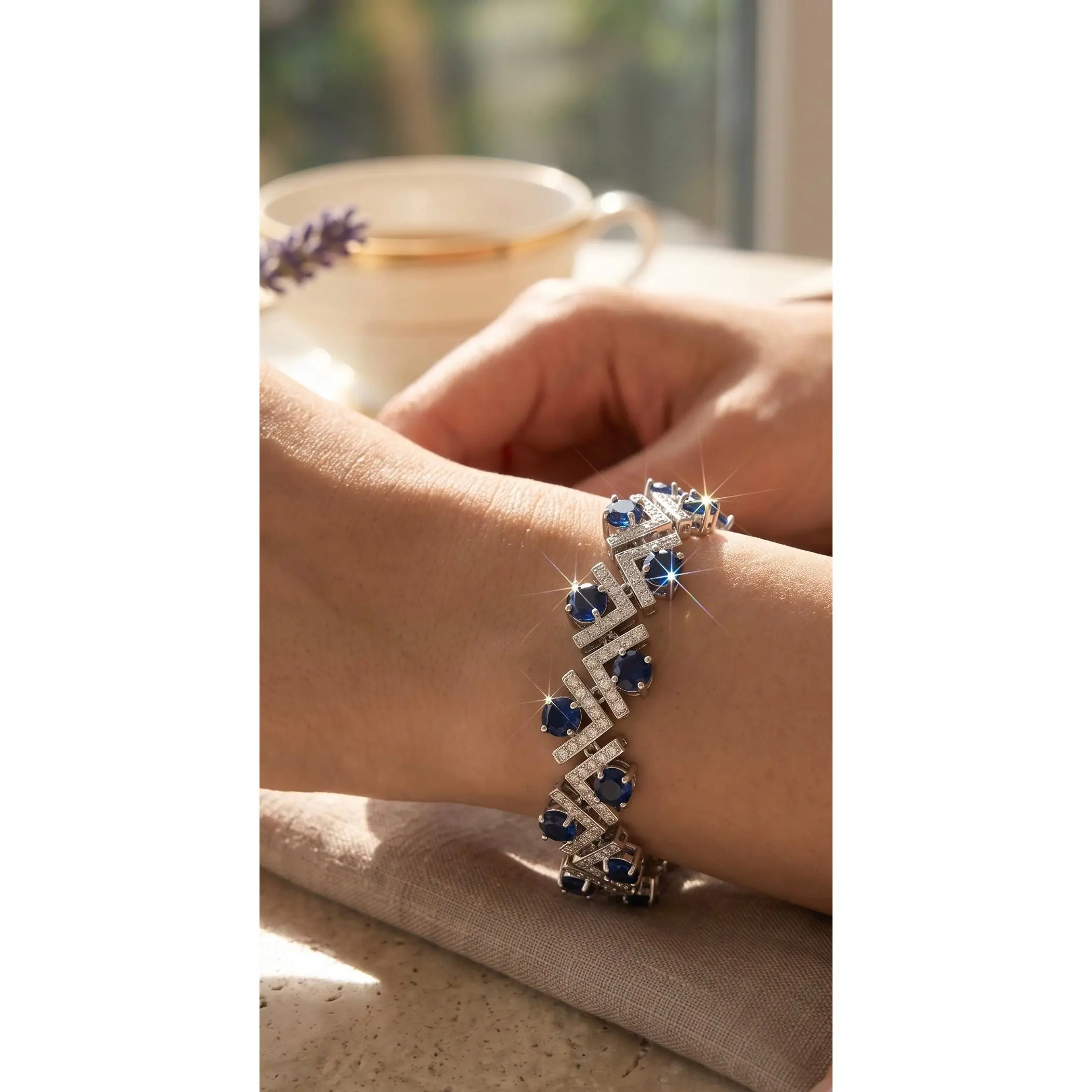Royal Blue Crystal Geometric Chevron Bracelet – Silver Tone Statement Jewelry 7100