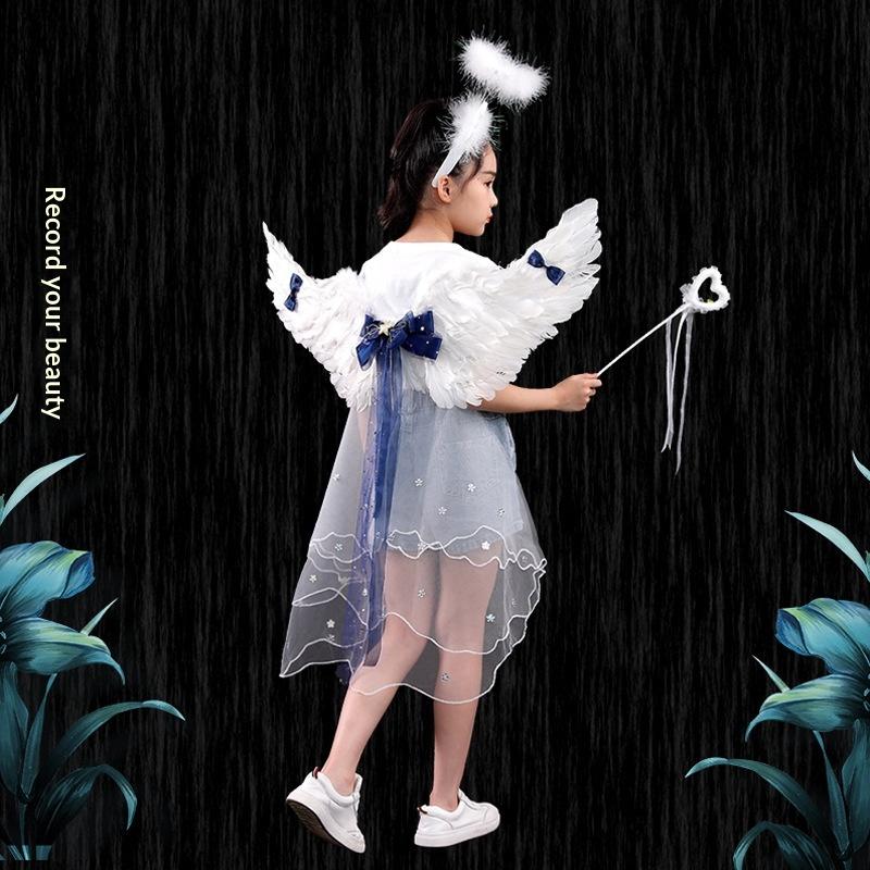 Angel Feather Wings Props for Christmas & Halloween Performance Costume Stage Princess Back Decoration White & Blue Bow