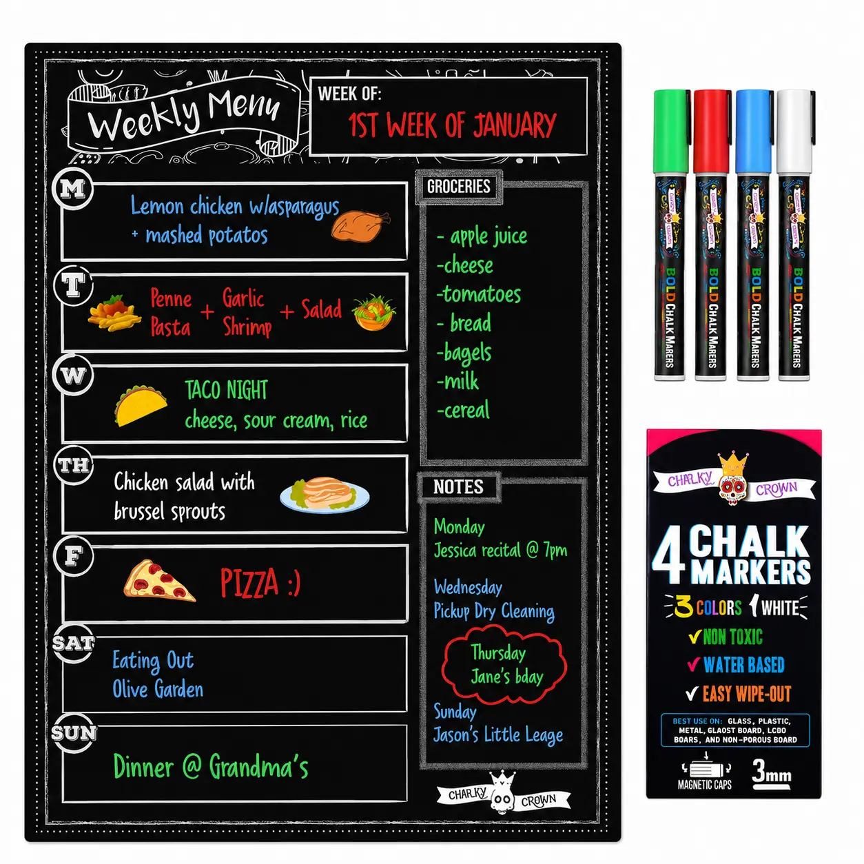 Magnetic Weekly Meal Planner for Fridge | Reusable Dry Erase Menu Board with 4 Chalk Markers, Grocery List & Kitchen Notepad Organizer, 15.6 x 11.6 in