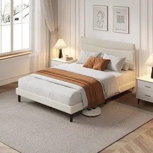 Modern Soft Fabric Upholstered Bed Frame Noise-Free Platform Bed with Padded Headboard Wooden Slats Support No Box Spring Needed