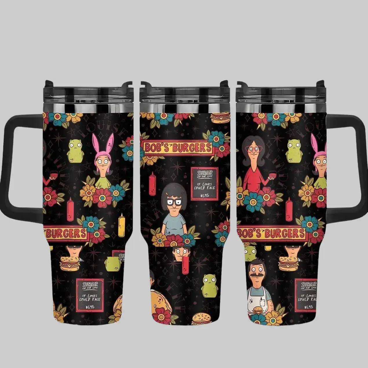Bob’s Burgers Cartoon Family 40oz Tumbler with Handle, Funny Animated Sitcom Aesthetic Cup, Belcher Family Fan Gift, Cute Food Theme Travel Mug, Stainless Steel Insulated Tumbler