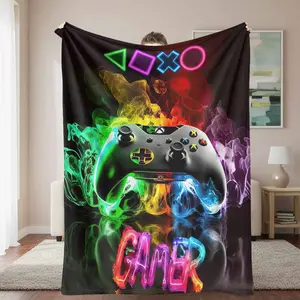Gaming Controller Flannel Blanket Neon Smoke Gamer Print Soft Warm Cozy for Bedroom Living Room Office Couch Gift