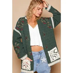 POL Embroidered Open Front Quilted Jacket with Crochet Pockets