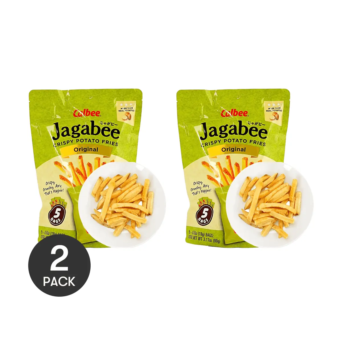 2 Pack Calbee Jagabee Potato Sticks Original 3.17oz Each - Japanese Crispy Fries, 5 Bags Per Pack