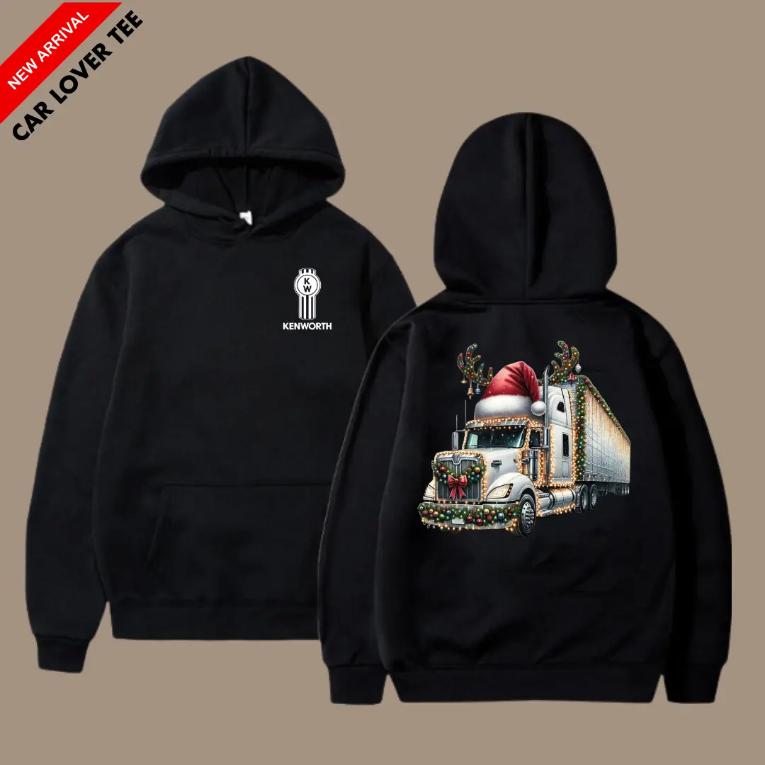 Kenworth Christmas Hoodie, Trucker Holiday Sweatshirt, Santa Hat Semi Truck Design, Trucker Holiday Graphic Tee, Oversized Streetwear for Truck Fans