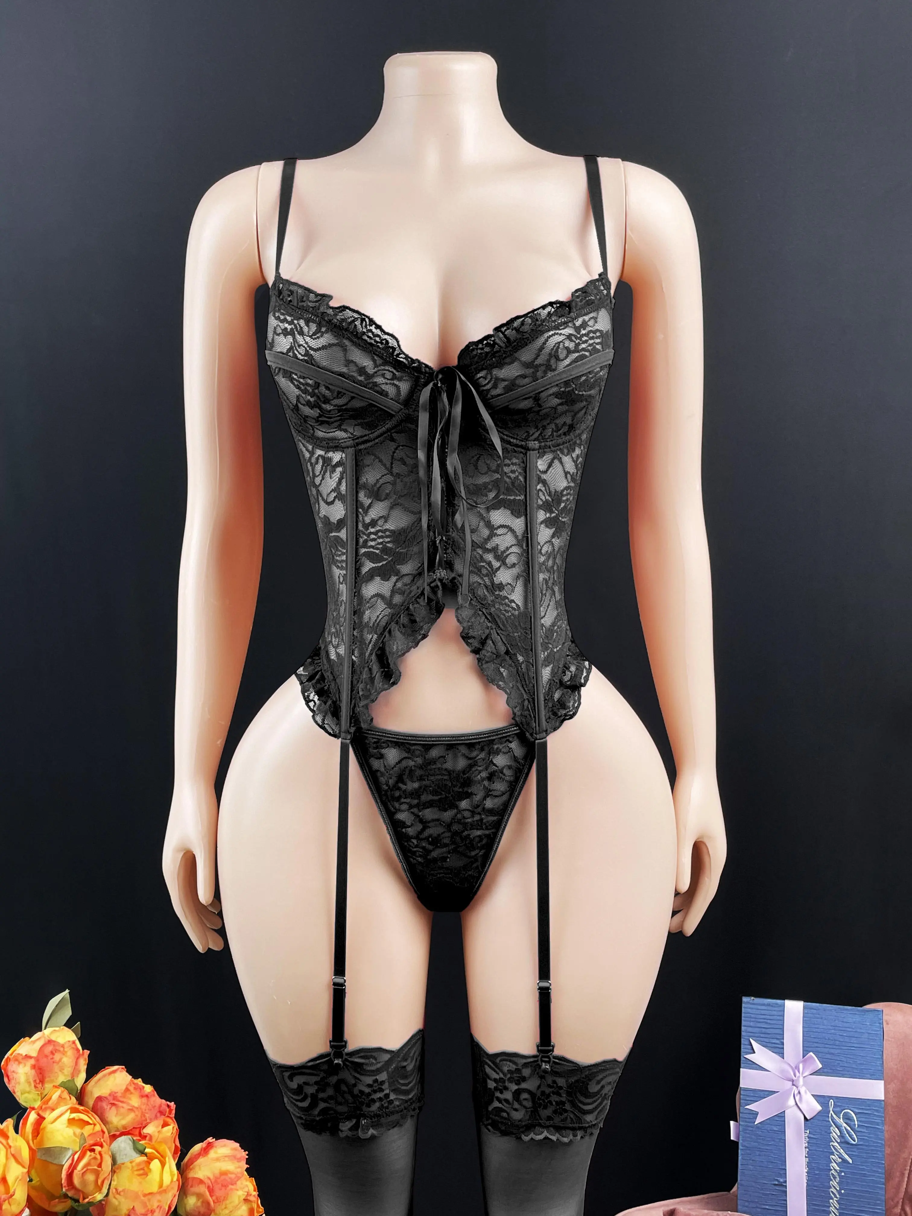 Underwear sexy style front strap fashionable lingerie high-end soft lace bra  stockings women's sexy lingerie set outfit Garters Womenswear Bridal Vneck  bow panty set Halloween Lace Bodysuits