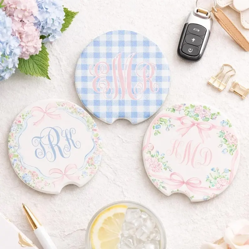 Custom Monogrammed Car Coaster Floral Coquette Grandmillennial Girly Pink Car Decor Personalized Preppy Cute Birthday Gift for Teen