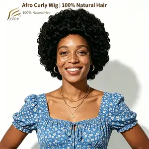Short Glueless Afro Kinky Curly Wig for Black Women, 1B Natural Black Glueless Wear and Go Pixie Cut Wig, 6 Inch No Lace No Glue 100% Natural Hair Wig, hight Density Natural Hairline, Daily Use