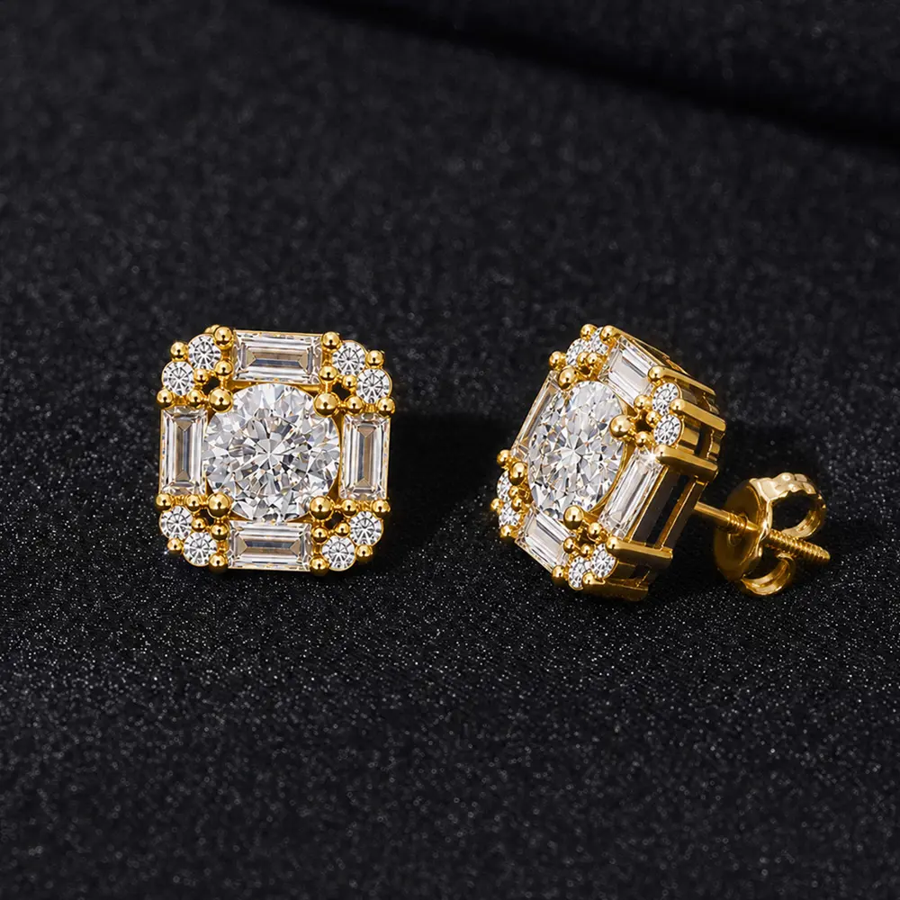 Square Stud Earrings for Women Men 5A+ Cubic Zircon Hypoallergenic Round and Baguette Earrings Classic Fashion Jewelry for Christmas Valentine's Day