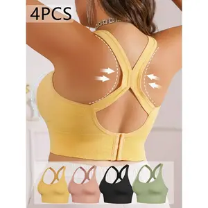 4pcs Plus Size Women'S S Bra with Removable Pads - Breathable Anti-Sagging Wire-Free Design for Yoga - 4 Colors Available, Accessory, Racerback Style, Adjustable Straps, Medium Elasticity, Top, Seamless Style, Durable Construction, Lifestyle