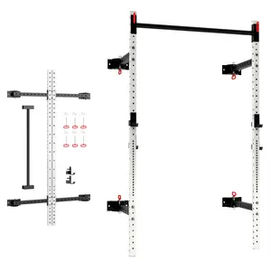 Soozier Folding Squat Rack with Adjustable Pull-Up Bar, 1000 Pounds Capacity Wall Mounted Power Rack, Adjustable Barbell Rack with J Hooks for Home Gym Full Body Workout, White