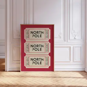 Retro Xmas Poster, North Pole Ticket Print, Red Christmas Wall Art, Holidays Decor