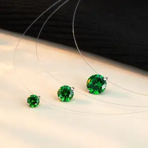 6/8/10MM Color Gemstone Necklace For Women Sterling Silver Clear Transparent Fishing Line Floating Gem Choker D Color VVS1 Synthetic Moissanite Pendant Mother'S Day Birthday Wedding Gift Jewelry