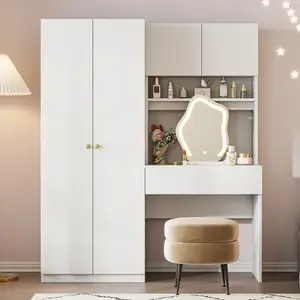 2-Door Wooden Storage Vanity Wardrobe for Bedroom with Makeup Mirror and Drawers White