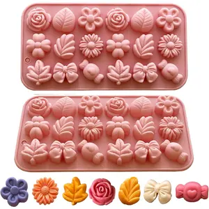 Flower Candy Molds Silicone 2PCS Daisy Flower Chocolate Molds Tulip Flower Mold Bow Tie Leaf Jello Molds Ice Mold Pudding Molds Soap Molds Cookie Molds for Desserts Making