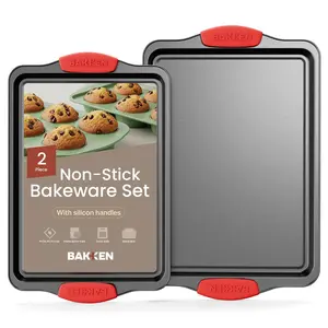 2 Piece Set Nonstick Carbon Steel Oven Bakeware -Professional Quality Kitchen Cooking Baking Trays -PFOA, PFOS, PTFE-Free Medium & Large Baking Sheet Pans with Red Silicone Handles