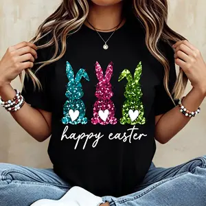 Women Casual Round Neck T-Shirt White Three Color Glitter Bunny Happy Easter Print For Spring Festival Celebration,Unisex Graphic Casual Short Sleeve Crew Neck,Shirt for Women, Gift for Her and Him Unisex T-shirt,  Streetwea StyleRetro Vintage Y2k