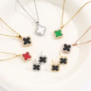 [Titanium Steel] Four-leaf Clover Necklace and Earring Set for Women, 18K Gold Plated Lucky Clover Collarbone Chain Earring Set