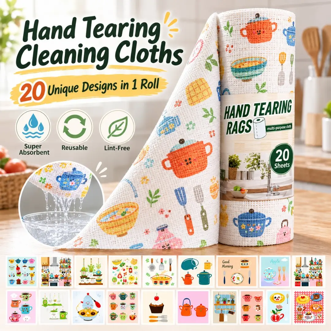 20-Count Reusable Tear-Away Microfiber Cleaning Cloth Roll, 20 Unique Kitchen Utensil Prints, 9.8 × 9.8 Inch, Lint-Free & Absorbent, Multipurpose Kitchen & Home Cleaning Cloths
