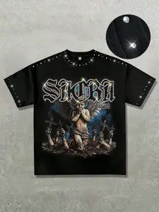 Rhinestone collar said blessed men's cotton short sleeved shirt, dark angel print pattern men's T-shirt, street style fashion brand unisex American retro shirt T-shirt cross short sleeved men's dark
