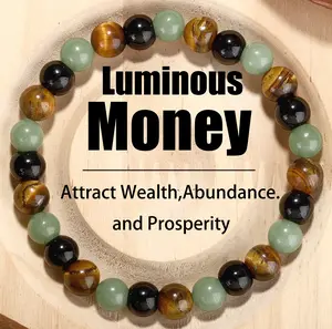 Luminous Money Attraction Bracelet with Green Aventurine Tiger Eye & Obsidian Cry Solid Unscented Prosperity Wealth Amulet for Birthday Summer Vacation Theme Parties Jewelry Charms Abundance  Perfect Good Luck Gift for 2026!