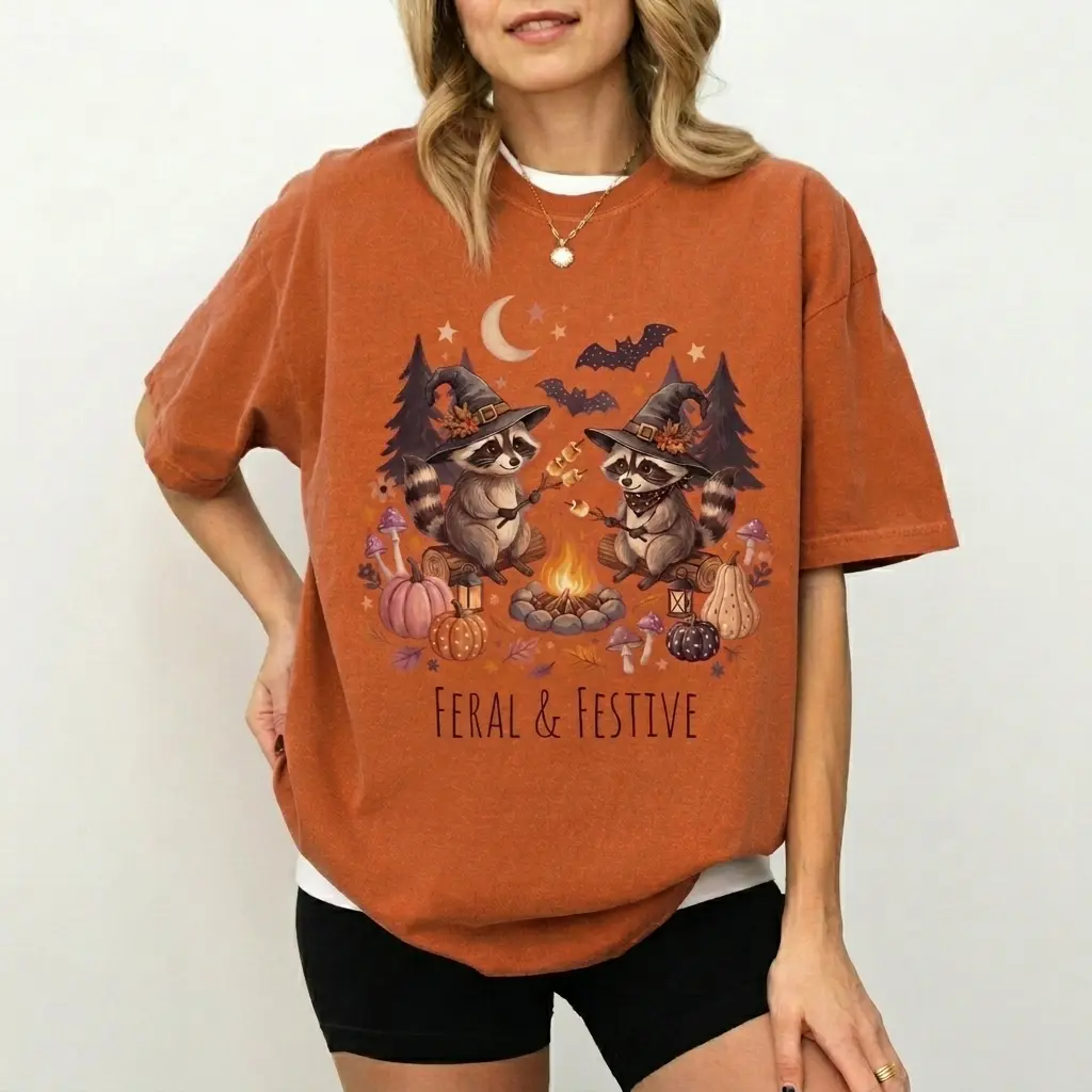 Feral and Festive Raccoon Comfort Colors Shirt, Cute Halloween Raccoon Graphic Tee, Spooky Fall Campfire Shirt, Halloween Outfit