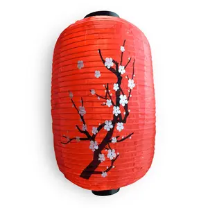 Japanese Style Nylon Lantern with Plum Tree Blossoms, Red (10"W x 16.5"H)