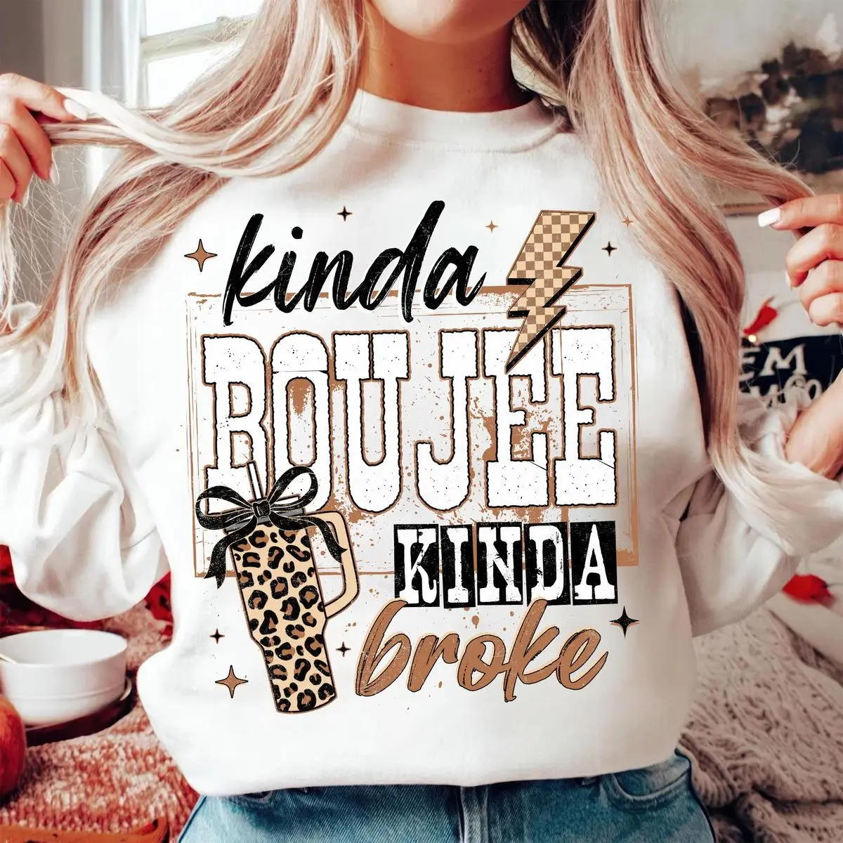 Coquette Choco Leopard Kinda Boujee Kinda Broke Sweatshirt, Bow Aesthetic Snarky Hoodie, Cute Cozy Gift, Unisex Sweater Pullover Tee
